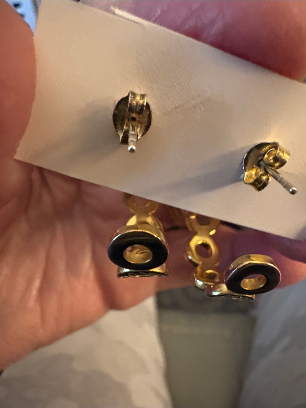 Coach Silver and Gold Logo Hoop Drop Earrings with Crystal Accents - Picture 3 of 5